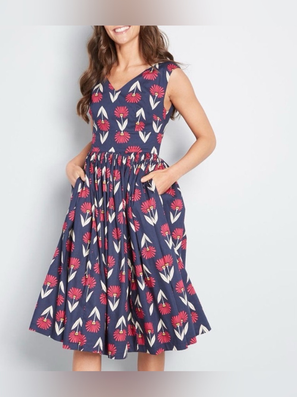 ModCloth Fit and Flare Navy Blue Floral V-neck Dress